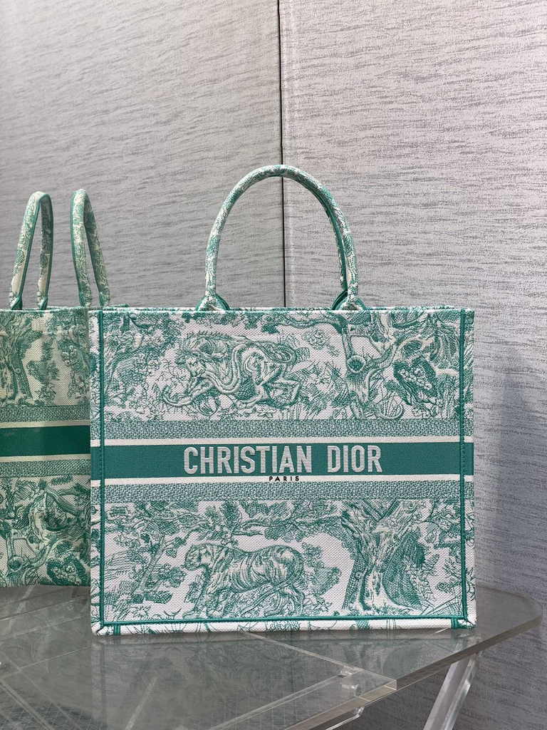 Large Dior Book Tote M1286 Green Toile de Jouy Sauvage Embroidery