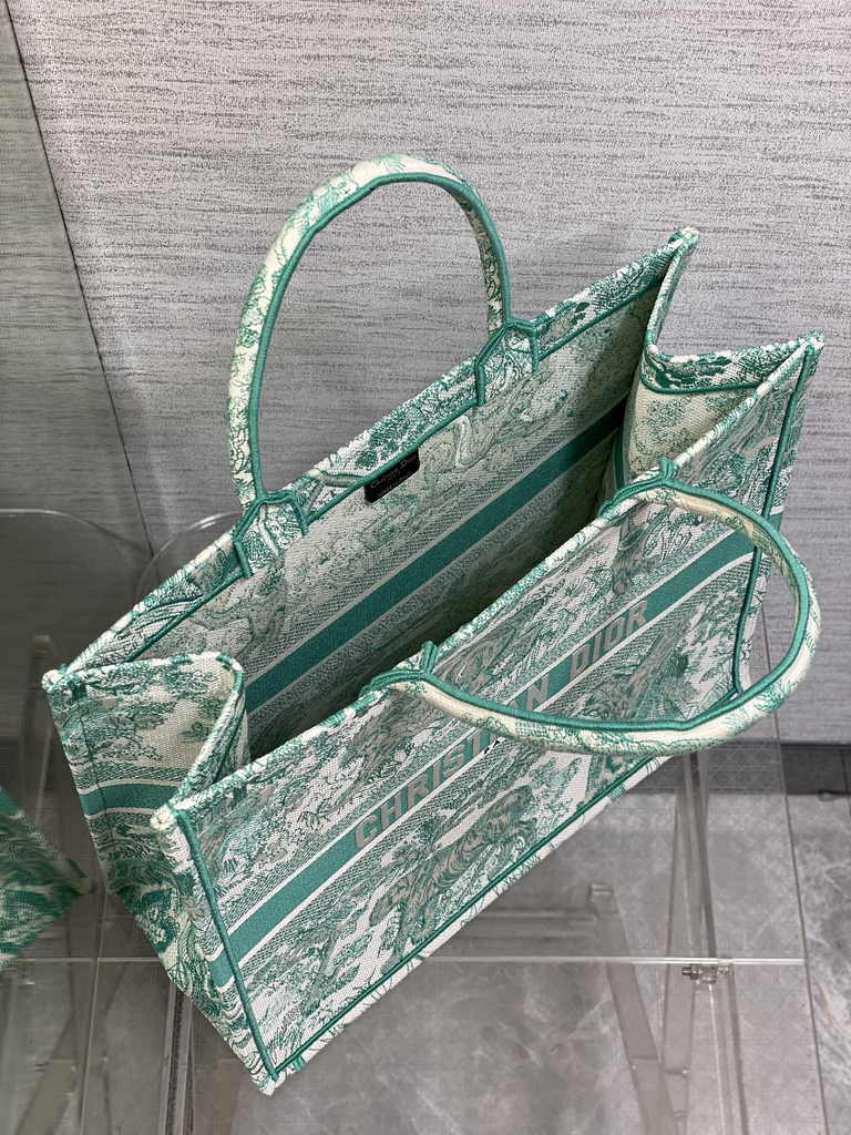 Large Dior Book Tote M1286 Green Toile de Jouy Sauvage Embroidery