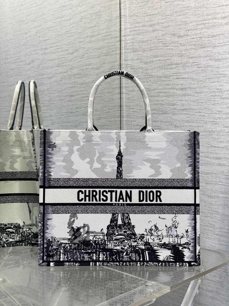 Large Dior Book Tote M1286 White and Black Paris Embroidery
