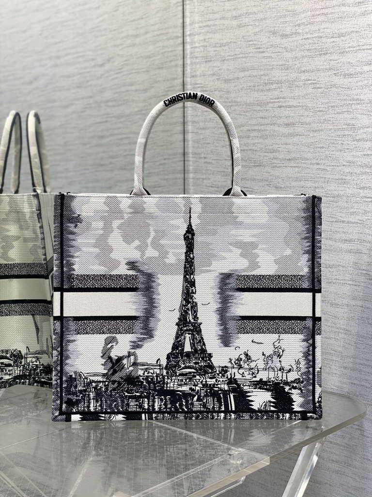 Large Dior Book Tote M1286 White and Black Paris Embroidery