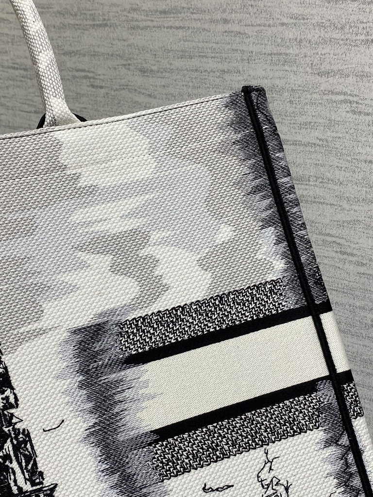 Large Dior Book Tote M1286 White and Black Paris Embroidery