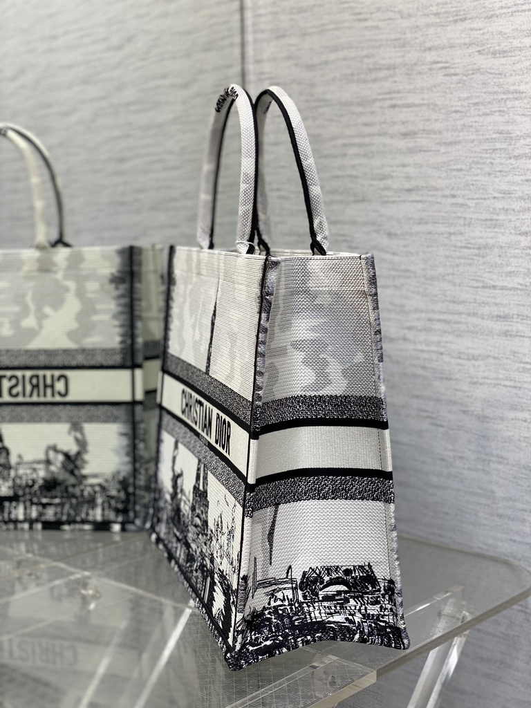 Large Dior Book Tote M1286 White and Black Paris Embroidery