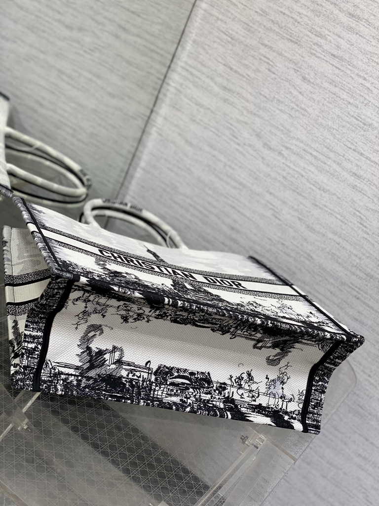 Large Dior Book Tote M1286 White and Black Paris Embroidery