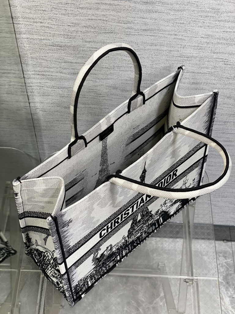 Large Dior Book Tote M1286 White and Black Paris Embroidery
