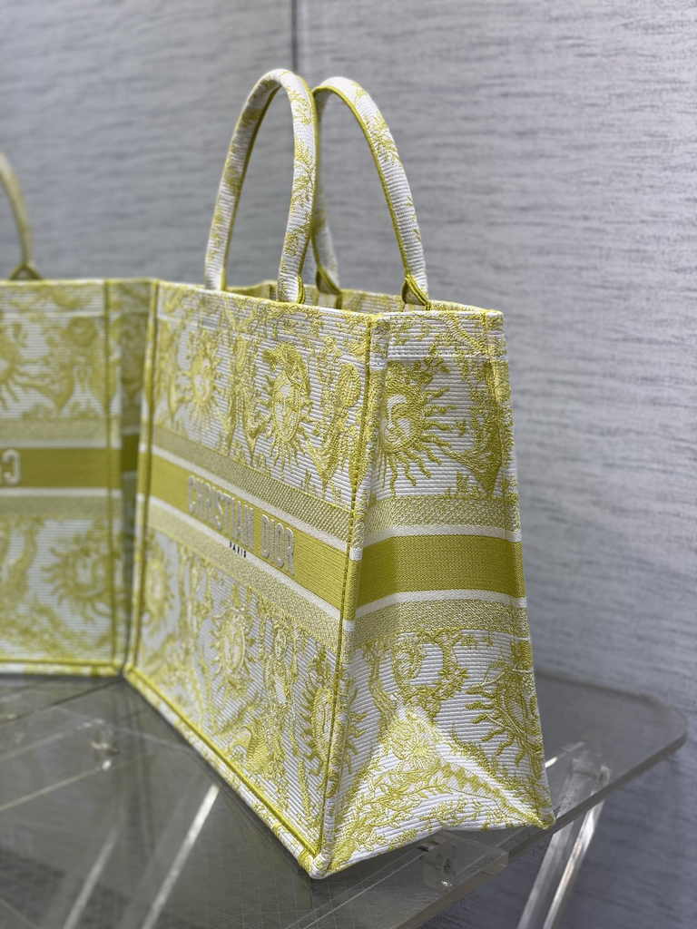 Large Dior Book Tote M1286 Raffia with Yellow Toile de Jouy Soleil Embroidery