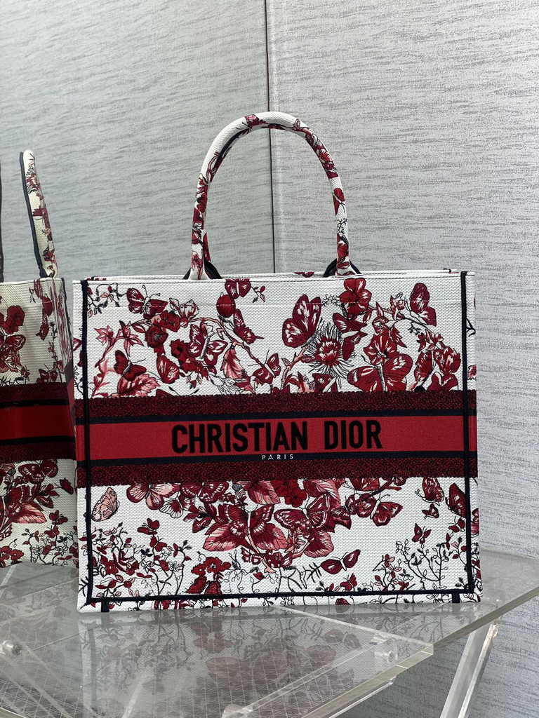 Large Dior Book Tote M1286 Red Embroidery