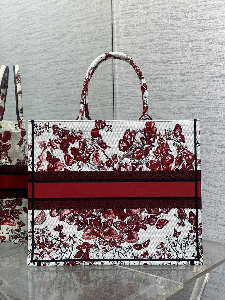 Large Dior Book Tote M1286 Red Embroidery