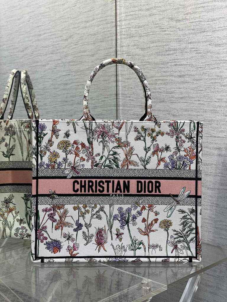 Large Dior Book Tote M1286 White Multicolor Dior Herbarium Embroidery