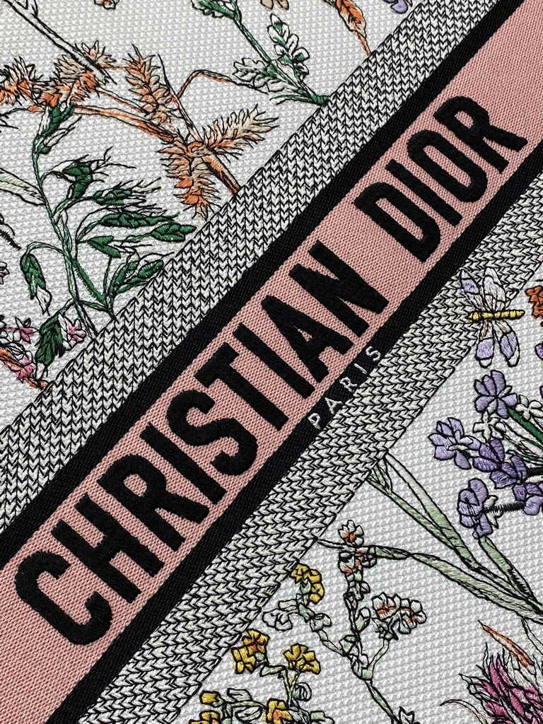 Large Dior Book Tote M1286 White Multicolor Dior Herbarium Embroidery