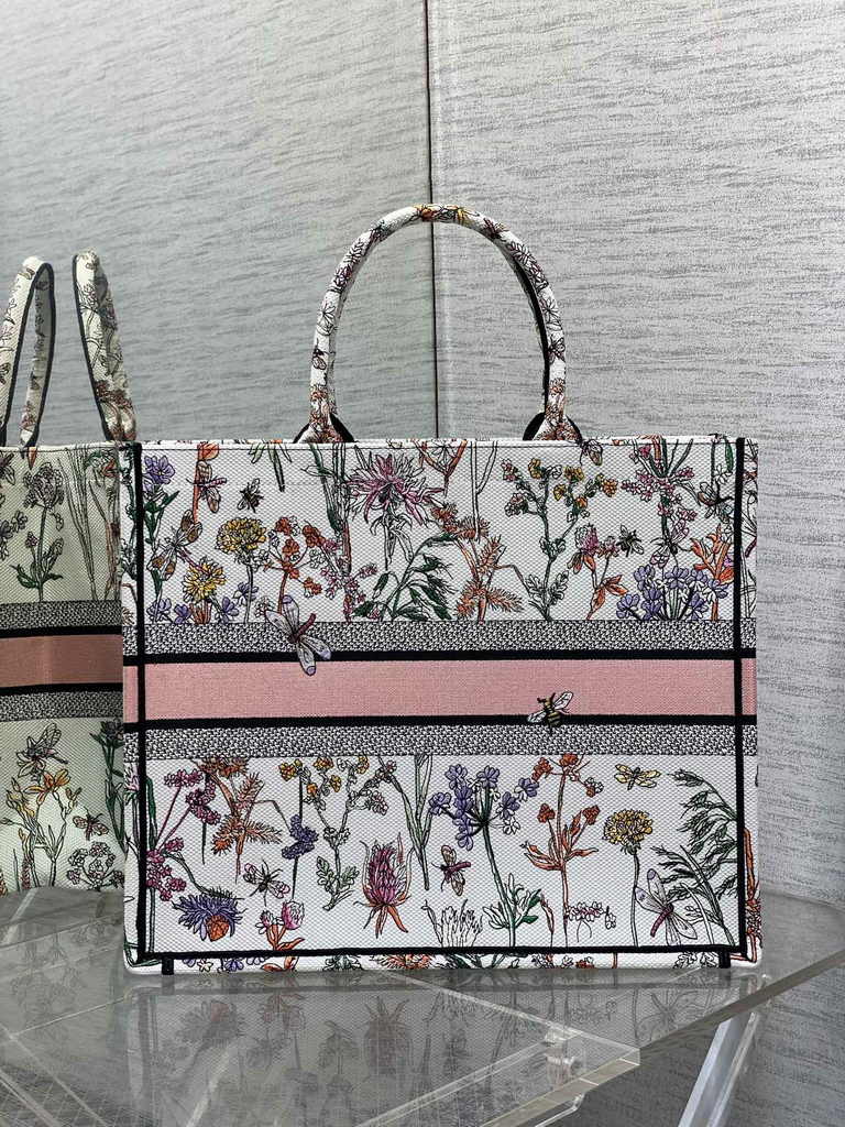 Large Dior Book Tote M1286 White Multicolor Dior Herbarium Embroidery
