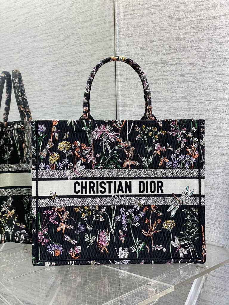 Large Dior Book Tote M1286 Black Multicolor Dior Herbarium Embroidery