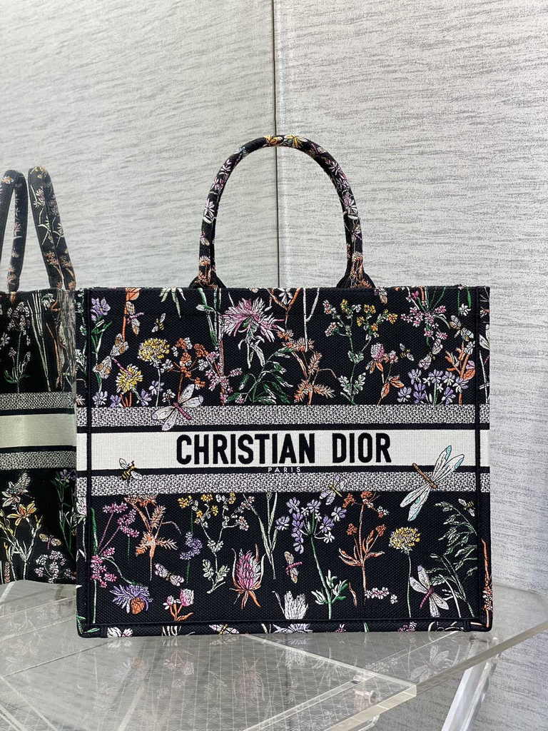 Large Dior Book Tote M1286 Black Multicolor Dior Herbarium Embroidery