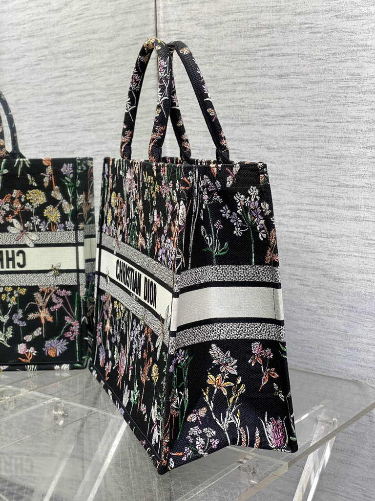 Large Dior Book Tote M1286 Black Multicolor Dior Herbarium Embroidery