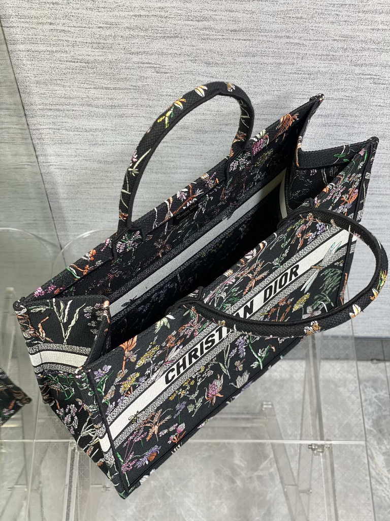 Large Dior Book Tote M1286 Black Multicolor Dior Herbarium Embroidery