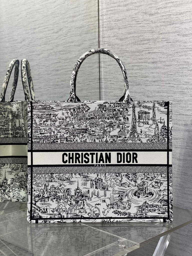 Large Dior Book Tote M1286 White and Black Paris Allover Embroidery