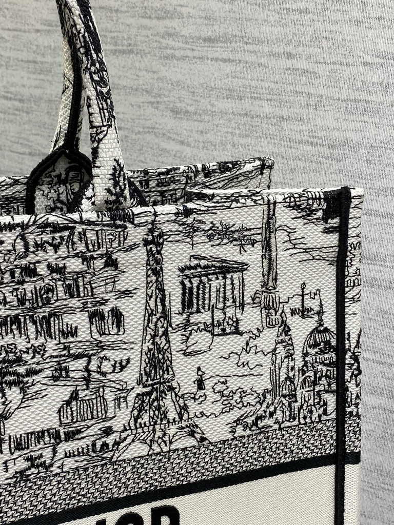 Large Dior Book Tote M1286 White and Black Paris Allover Embroidery