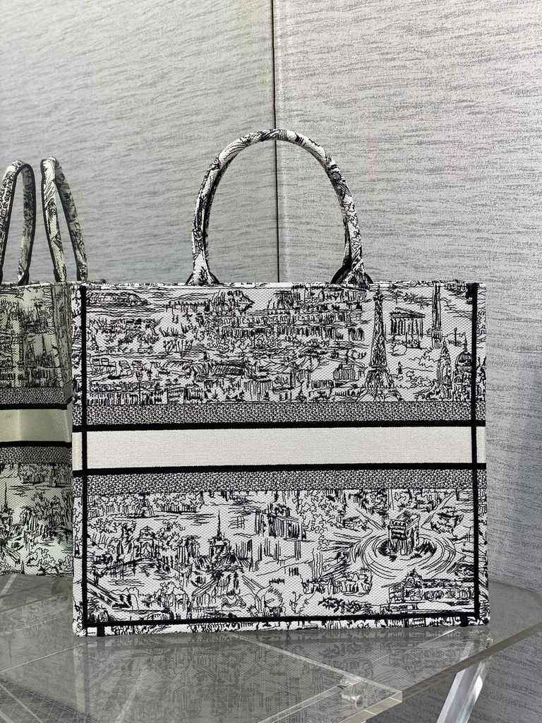 Large Dior Book Tote M1286 White and Black Paris Allover Embroidery