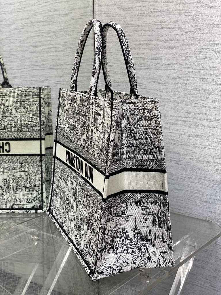 Large Dior Book Tote M1286 White and Black Paris Allover Embroidery