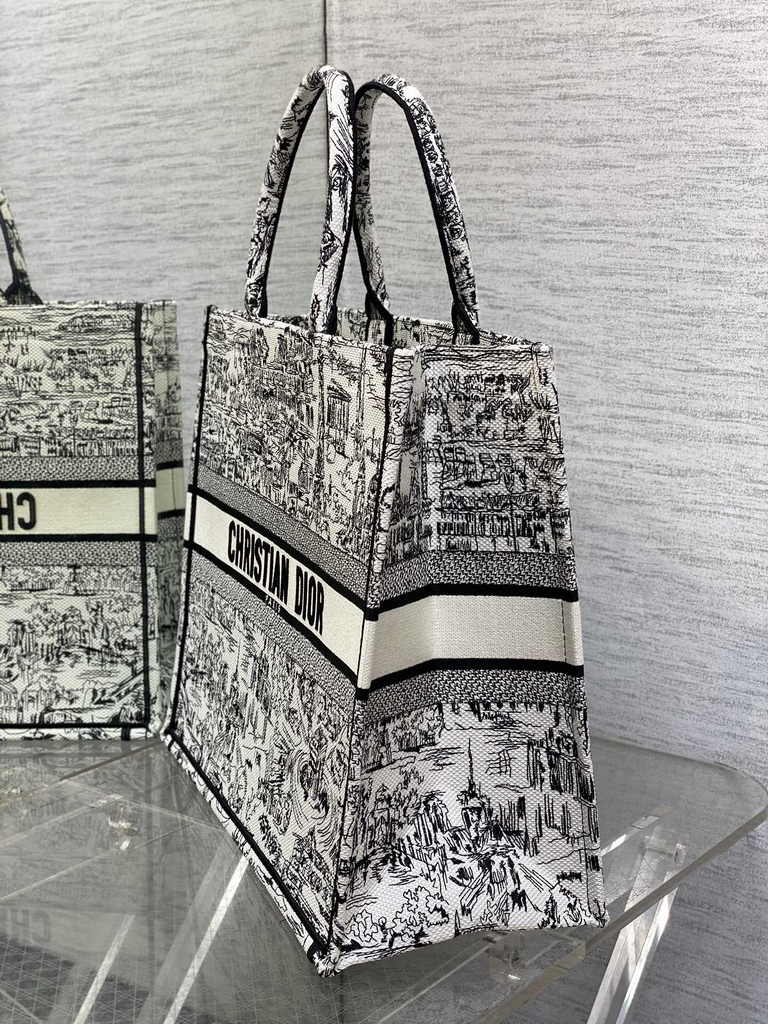 Large Dior Book Tote M1286 White and Black Paris Allover Embroidery