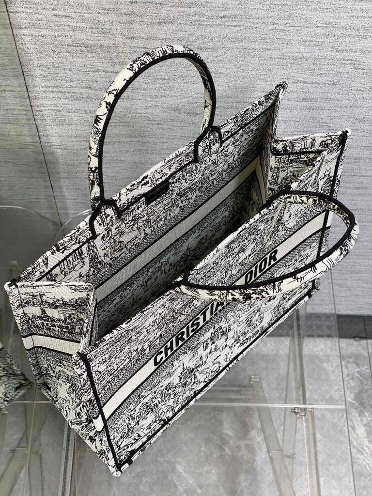 Large Dior Book Tote M1286 White and Black Paris Allover Embroidery