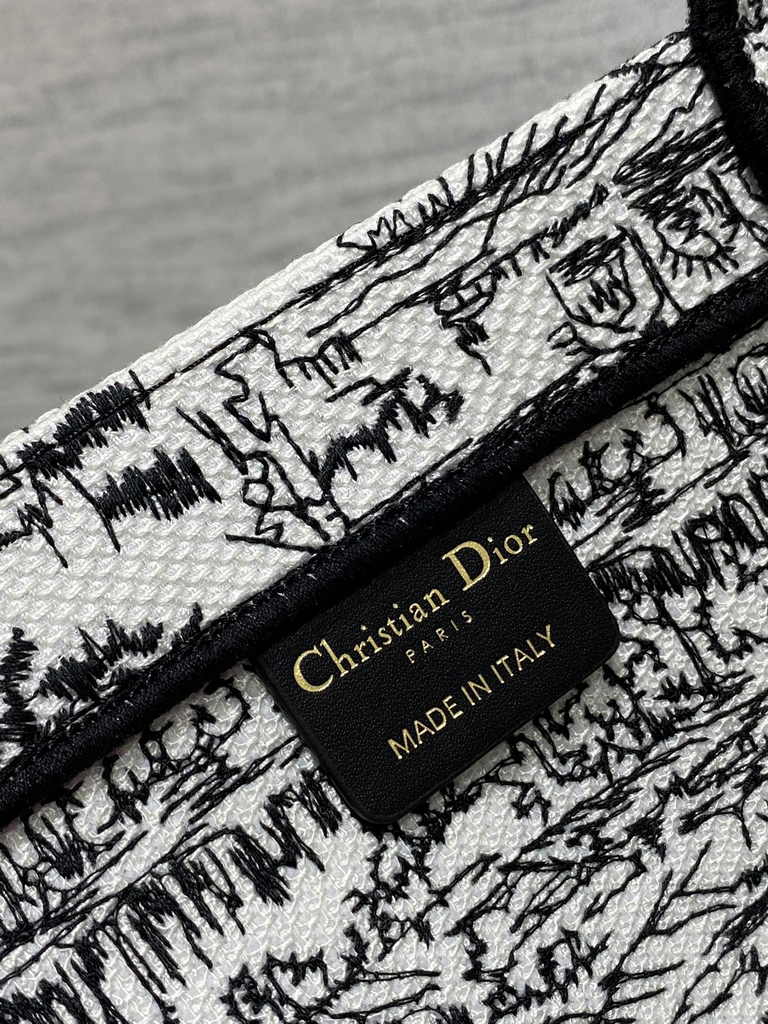 Large Dior Book Tote M1286 White and Black Paris Allover Embroidery