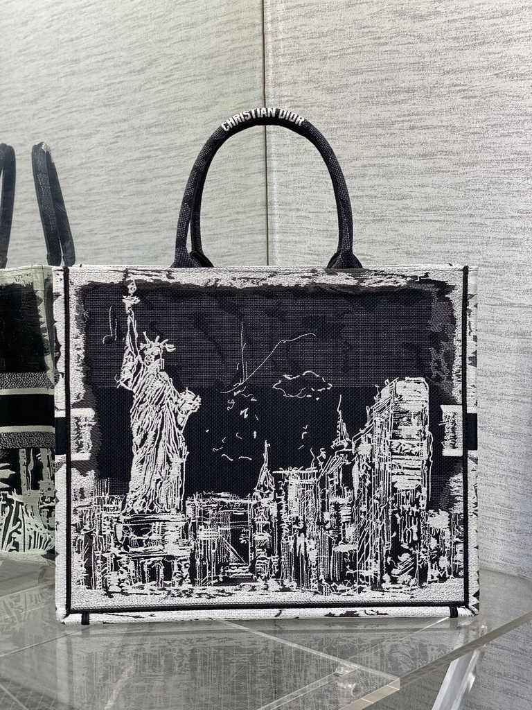 Large Dior Book Tote M1286 White and Black New York Embroidery
