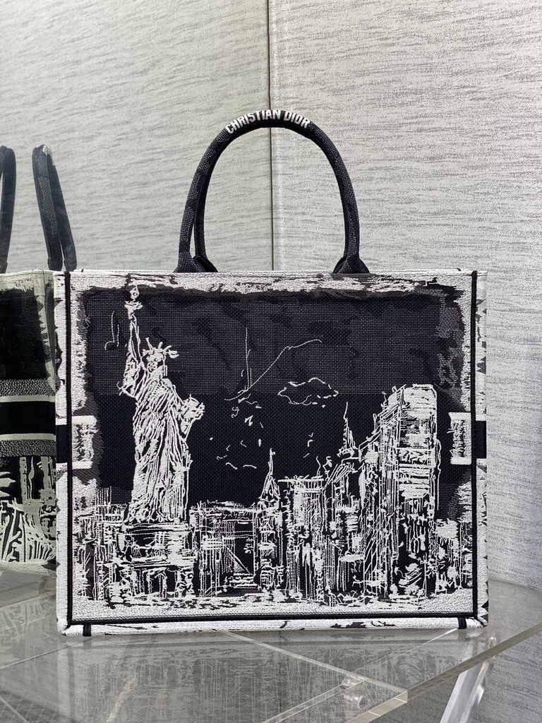 Large Dior Book Tote M1286 White and Black New York Embroidery