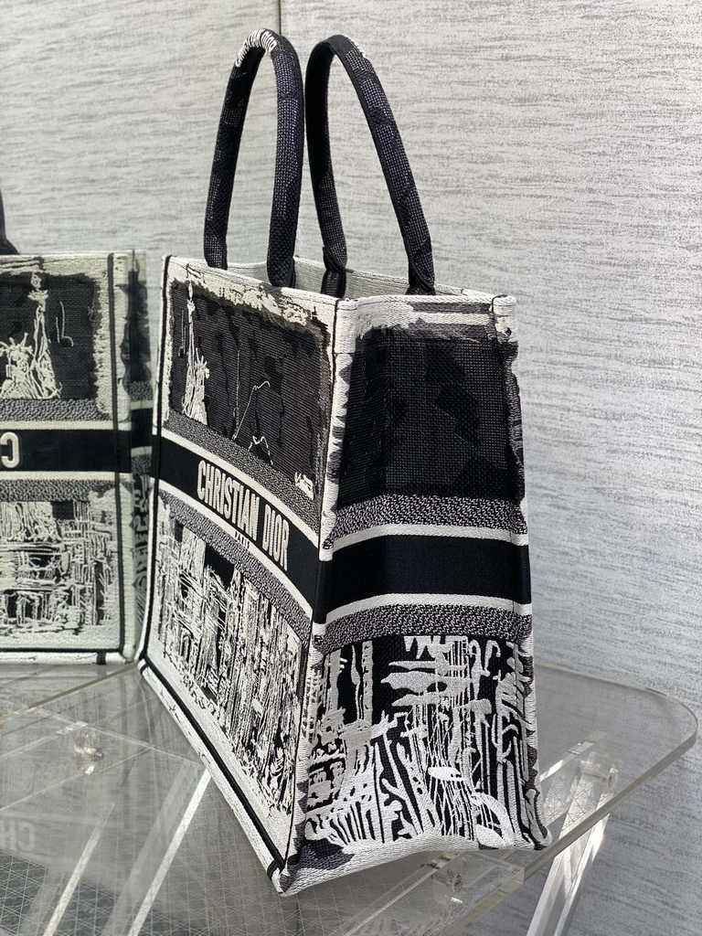 Large Dior Book Tote M1286 White and Black New York Embroidery