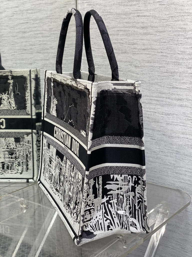 Large Dior Book Tote M1286 White and Black New York Embroidery