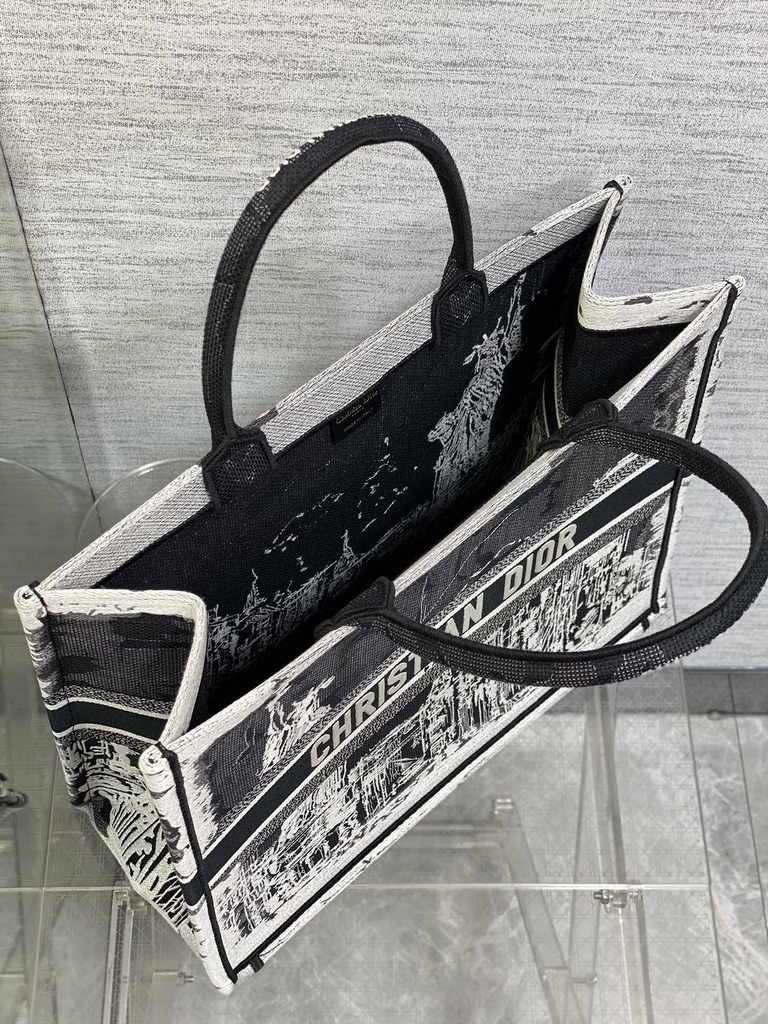 Large Dior Book Tote M1286 White and Black New York Embroidery
