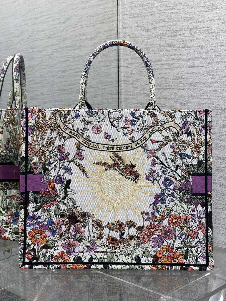 Large Dior Book Tote M1286 Purple Multicolor Dior 4 Saisons Automne Soleil Embroidery