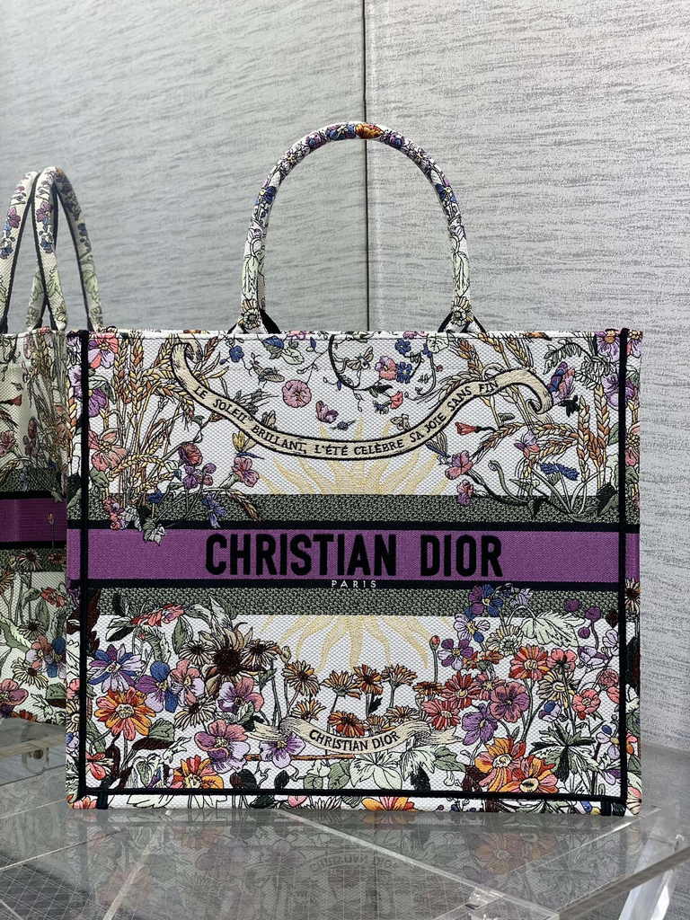 Large Dior Book Tote M1286 Purple Multicolor Dior 4 Saisons Automne Soleil Embroidery