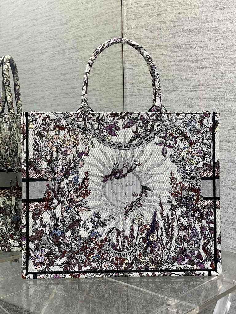 Large Dior Book Tote M1286 Gray Multicolor Dior 4 Saisons Automne Soleil Embroidery