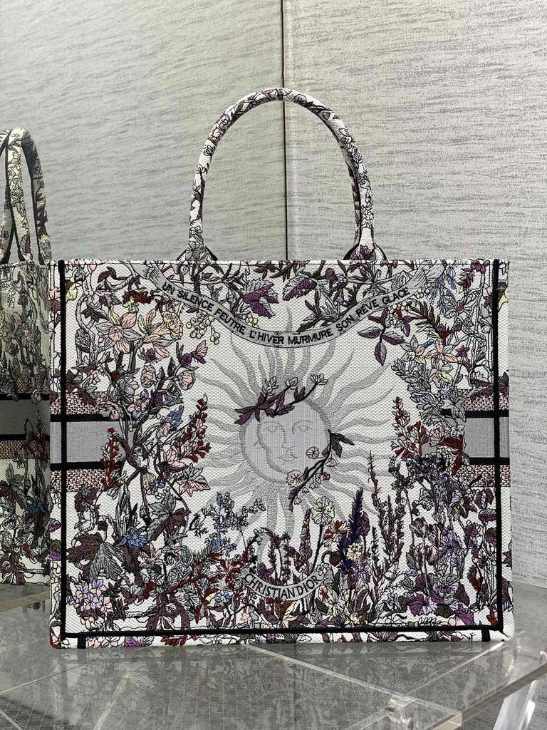 Large Dior Book Tote M1286 Gray Multicolor Dior 4 Saisons Automne Soleil Embroidery