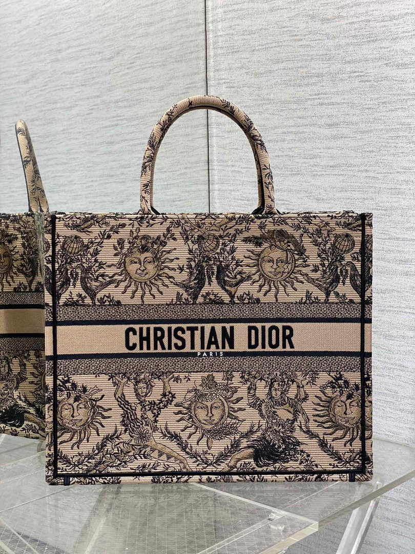Large Dior Book Tote M1286 Beige and Black Toile de Jouy Soleil Embroidery