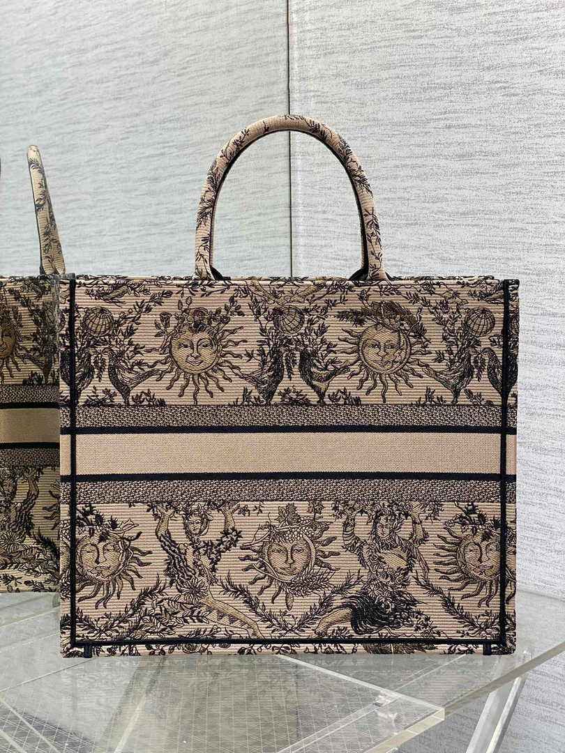 Large Dior Book Tote M1286 Beige and Black Toile de Jouy Soleil Embroidery