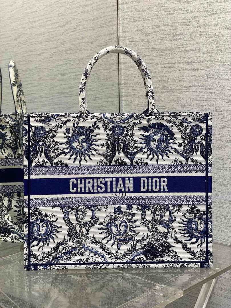 Large Dior Book Tote M1286 White and Navy Blue Toile de Jouy Soleil Embroidery