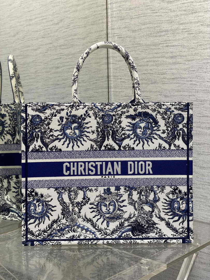 Large Dior Book Tote M1286 White and Navy Blue Toile de Jouy Soleil Embroidery
