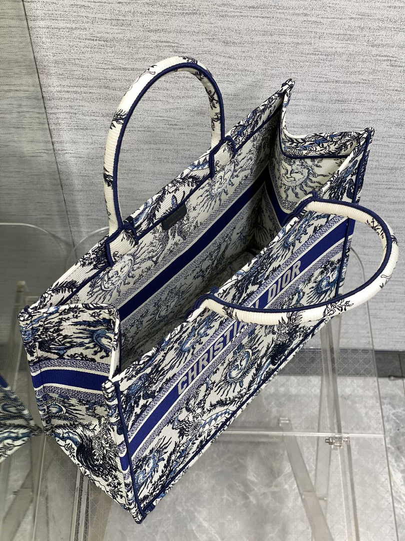 Large Dior Book Tote M1286 White and Navy Blue Toile de Jouy Soleil Embroidery