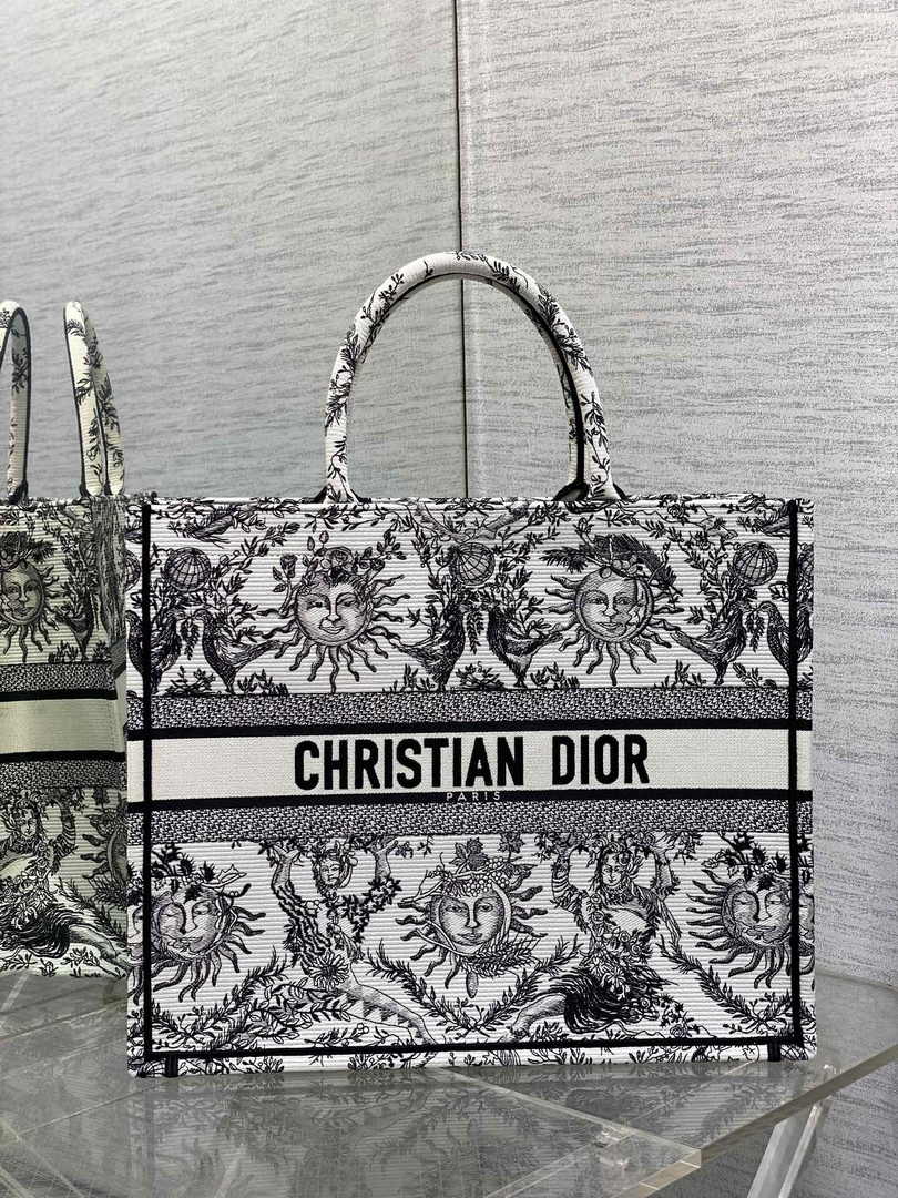 Large Dior Book Tote M1286 White and Black Toile de Jouy Soleil Embroidery