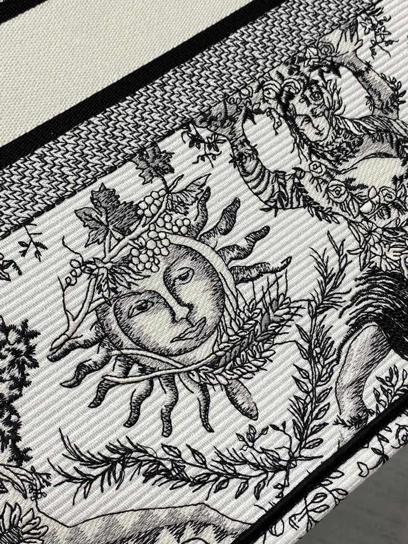 Large Dior Book Tote M1286 White and Black Toile de Jouy Soleil Embroidery