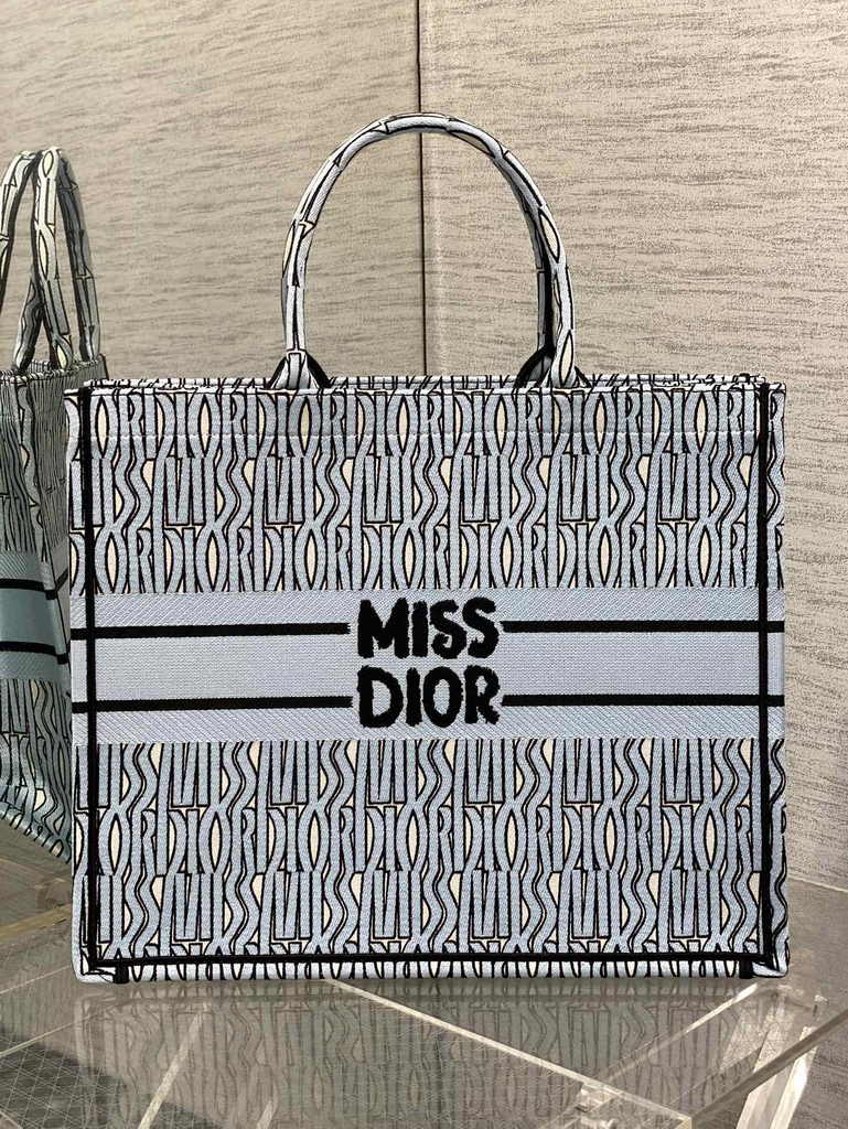 Large Dior Book Tote M1286 Pale Blue and Black Miss Dior Allover Embroidery