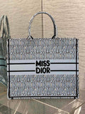 Large Dior Book Tote M1286 Pale Blue and Black Miss Dior Allover Embroidery
