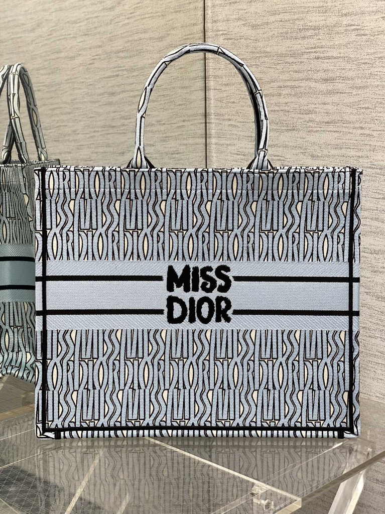 Large Dior Book Tote M1286 Pale Blue and Black Miss Dior Allover Embroidery