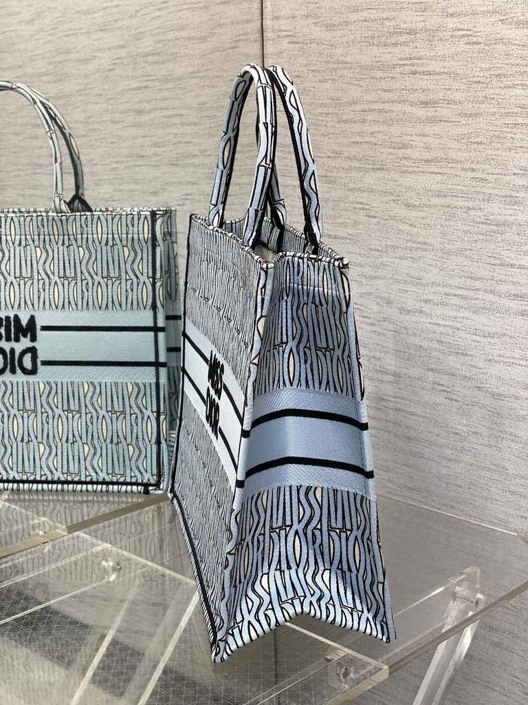Large Dior Book Tote M1286 Pale Blue and Black Miss Dior Allover Embroidery