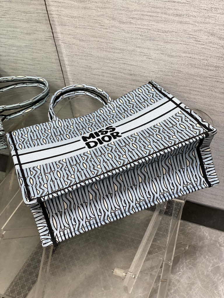 Large Dior Book Tote M1286 Pale Blue and Black Miss Dior Allover Embroidery