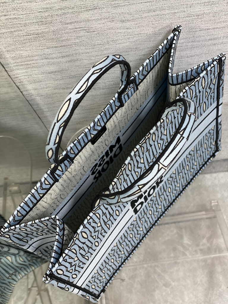 Large Dior Book Tote M1286 Pale Blue and Black Miss Dior Allover Embroidery