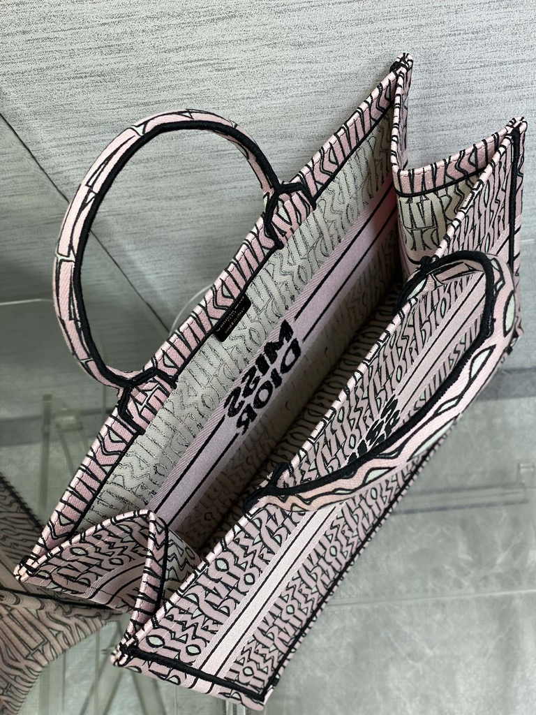 Large Dior Book Tote M1286 White and Pale Pink Miss Dior Allover Embroidery