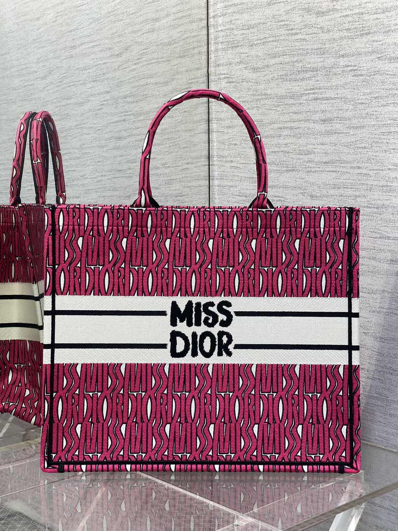 Large Dior Book Tote M1286 Pink and White Miss Dior Allover Embroidery