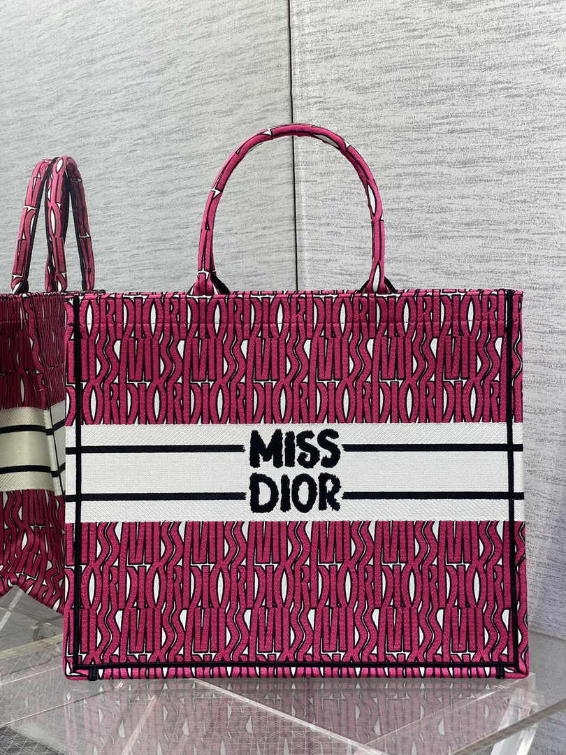 Large Dior Book Tote M1286 Pink and White Miss Dior Allover Embroidery